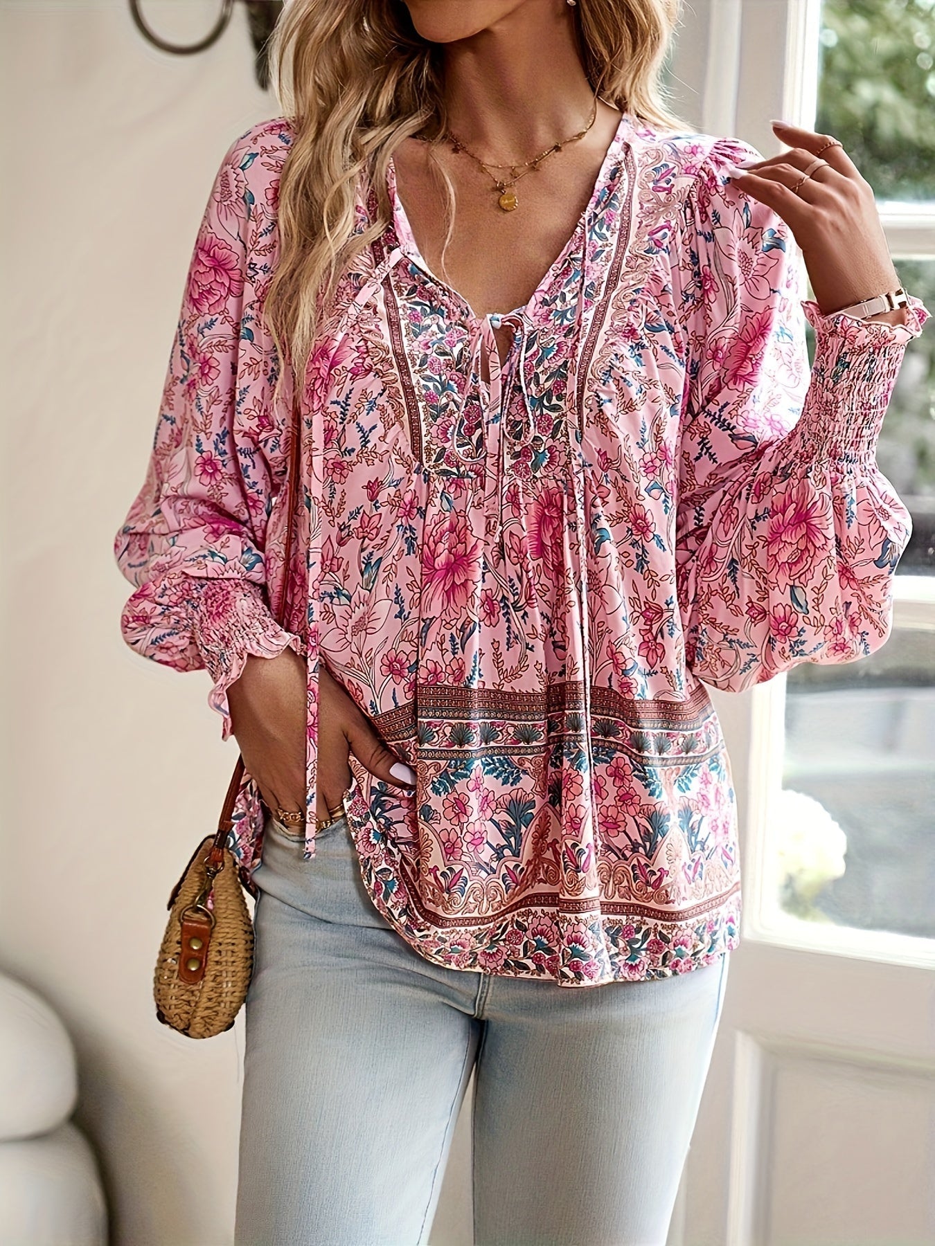 CLARA – Blusa con lazo floral y mangas abullonadas para mujer