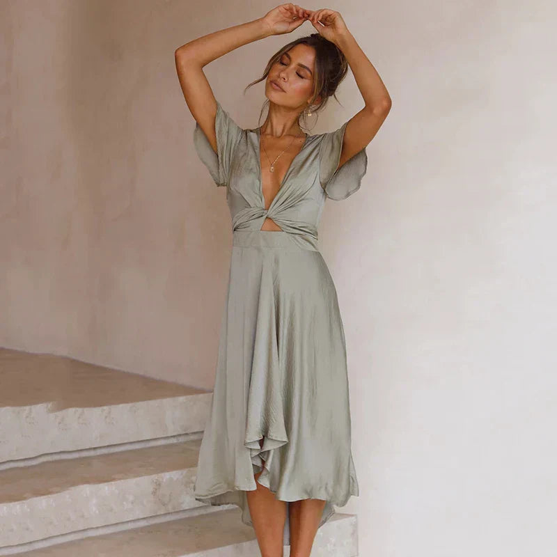 Mia | Elegante Vestido Midi de Raso con Escote en V para Invitadas 3