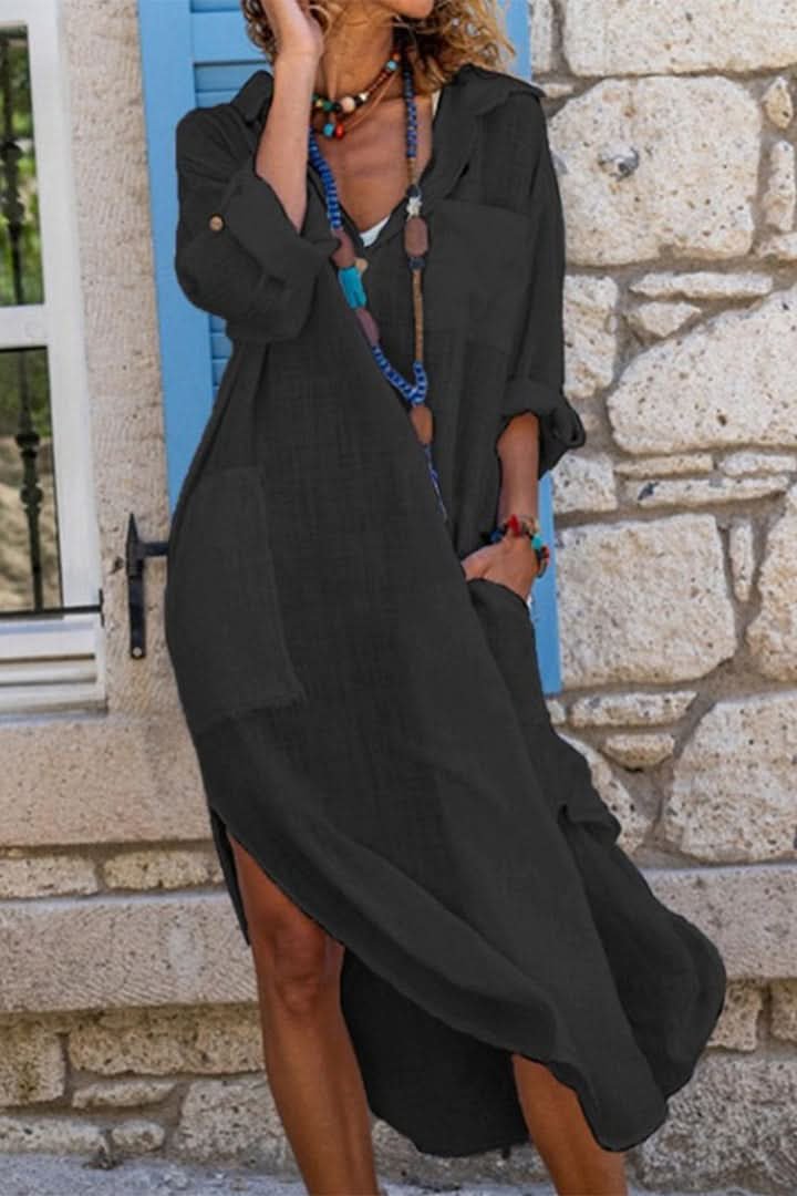 Sofía | Vestido Camisero de Lino Oversize para Mujer con Bolsillos Midi 0