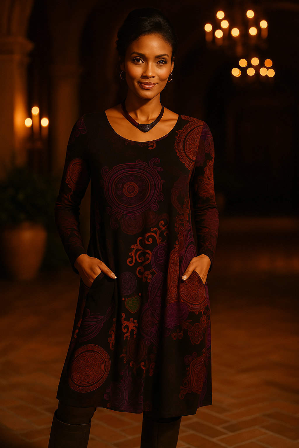 Vestido Midi Mujer con Mangas Largas y Estampado Único | Elegancia Natural para Invitadas 2