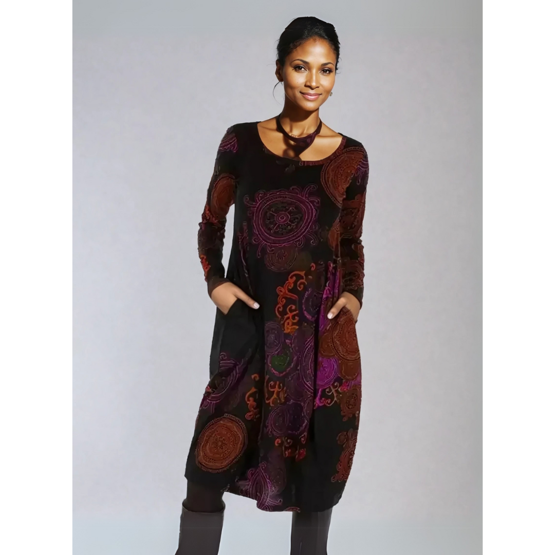 Vestido Midi Mujer con Mangas Largas y Estampado Único | Elegancia Natural para Invitadas 5