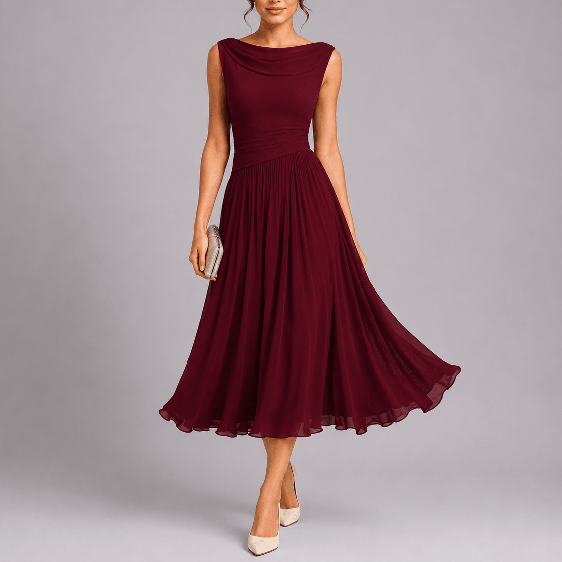 Lucía | Vestido Midi Plisado con Cuello Drapeado para Mujer - Noa Lagos