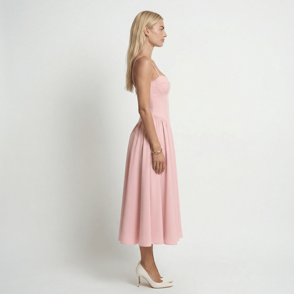 RosaElegante | Vestido Rosa Midi con Corsé y Tirantes Ajustables - Noa Lagos