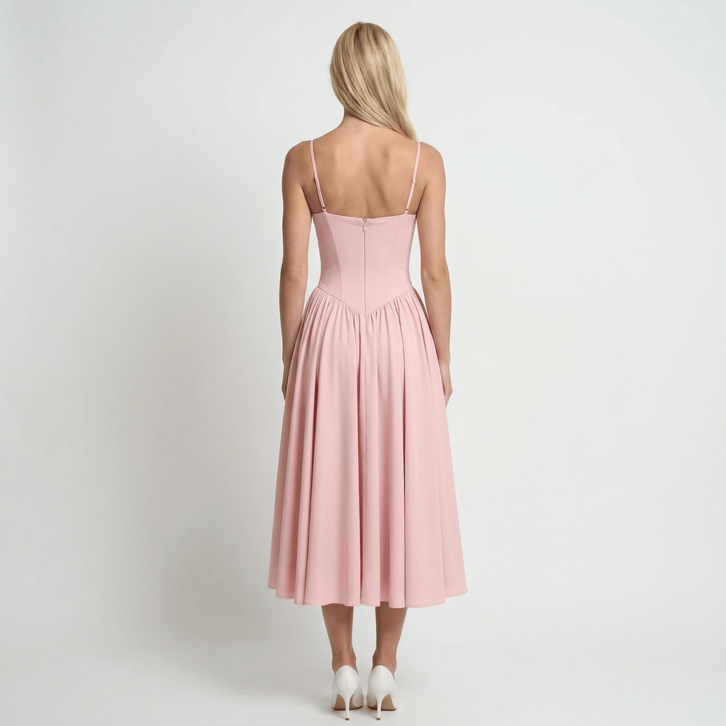 RosaElegante | Vestido Rosa Midi con Corsé y Tirantes Ajustables - Noa Lagos