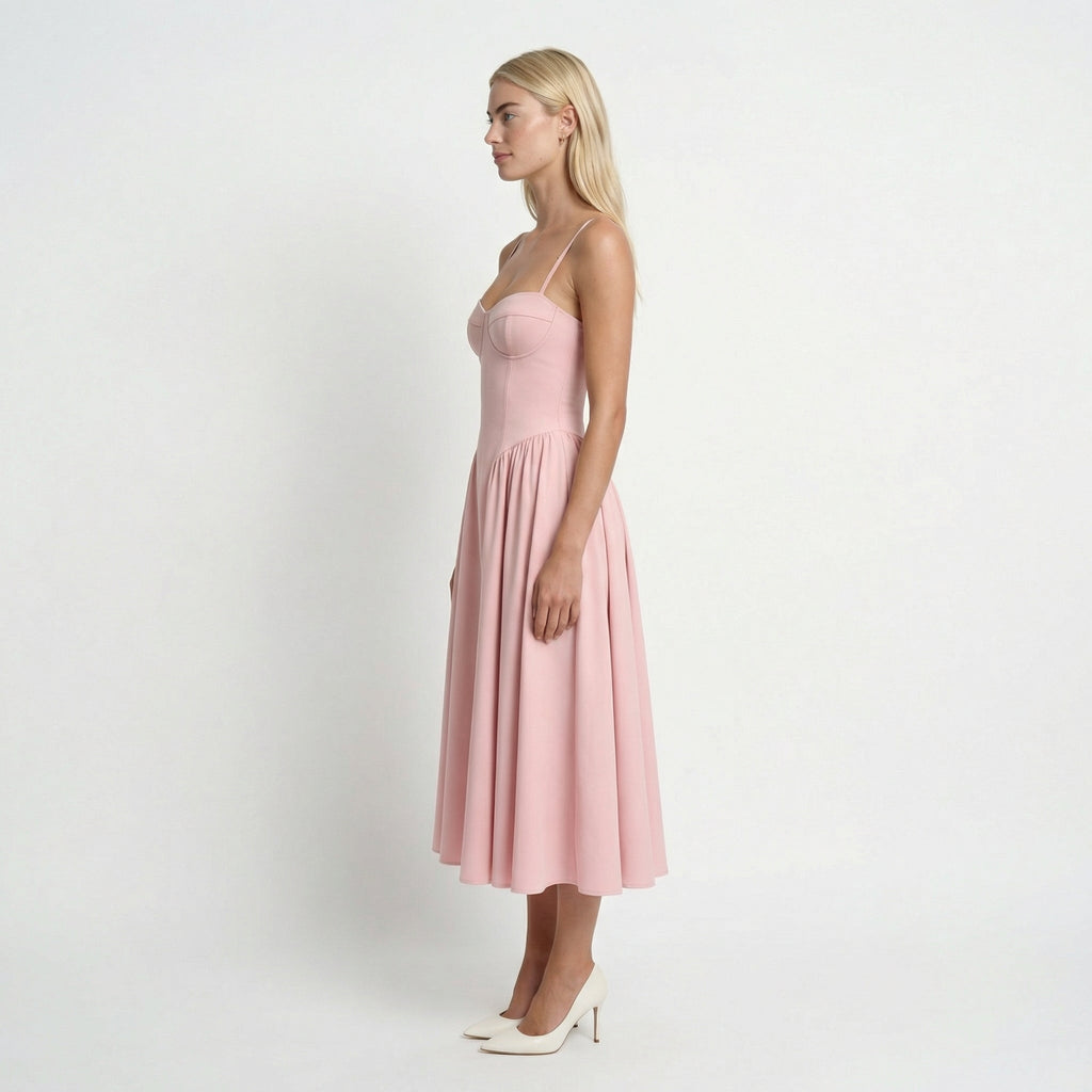 RosaElegante | Vestido Rosa Midi con Corsé y Tirantes Ajustables - Noa Lagos