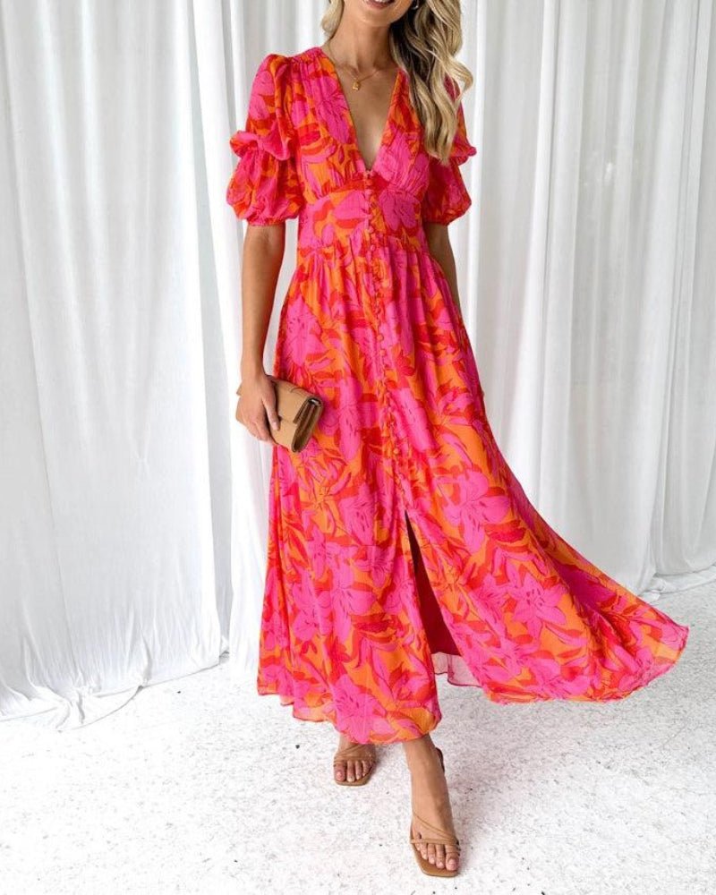 Samantha | Vestido de Invitada con Escote en V y Mangas Abullonadas - Noa Lagos