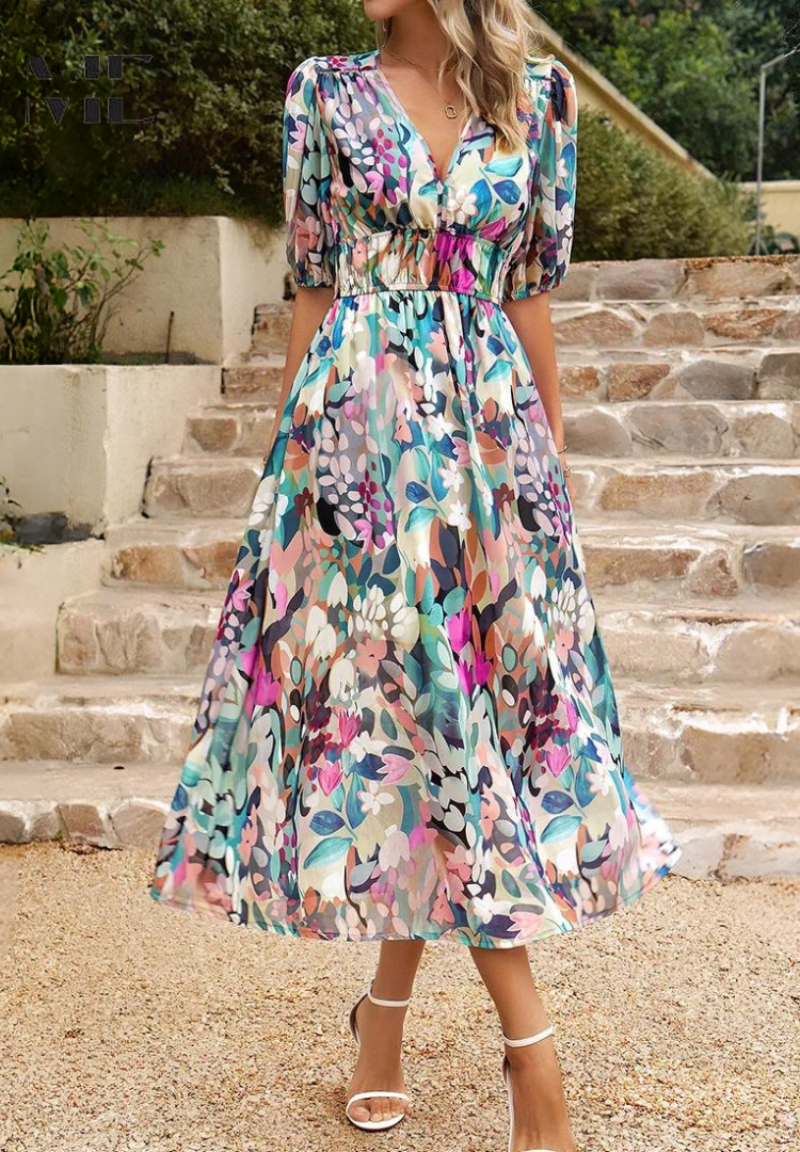 Sofia | Elegante Vestido Midi con Mangas Abullonadas para Invitada - Noa Lagos